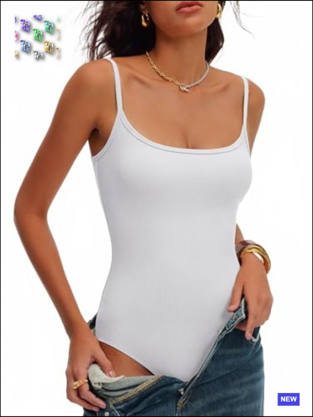Square Neck Spaghetti Strap Cami Bodysuit Sleeveless Ribbed Knit Basic Skinny - Picture 4 of 7